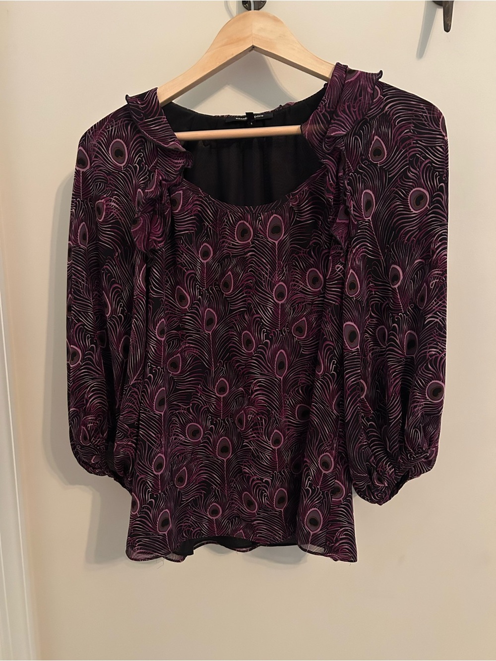 Nanette Lepore 100% Silk Purple Peacock Print Ruffle Blouse Size 0